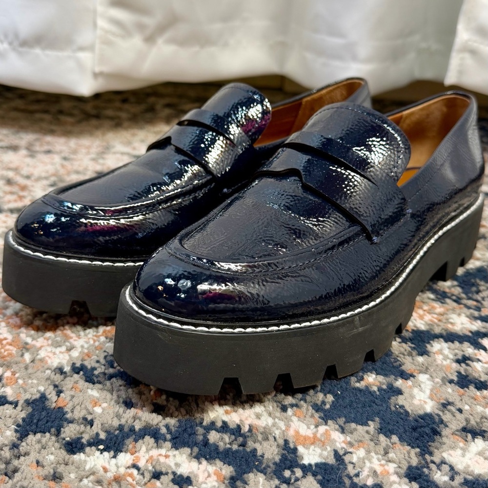 Franco Sarto ‘Balin’ Lug Sole Chunky Loafer in Navy Blue Patent Leather Size 10 - Picture 6 of 16